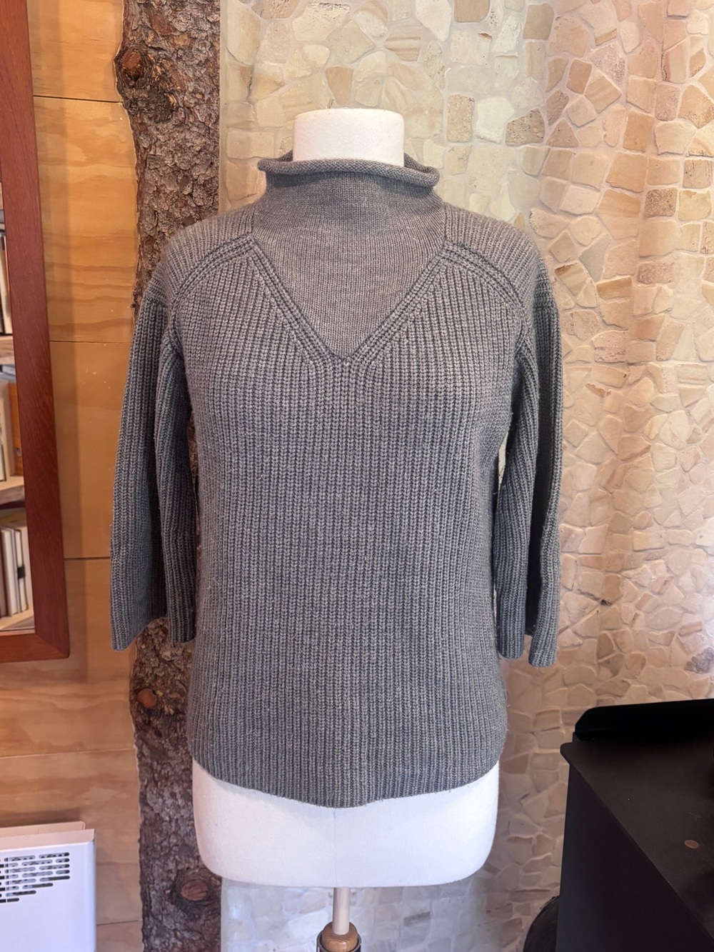 Womens Gray Blue Ribbed Mock Neck Sweater